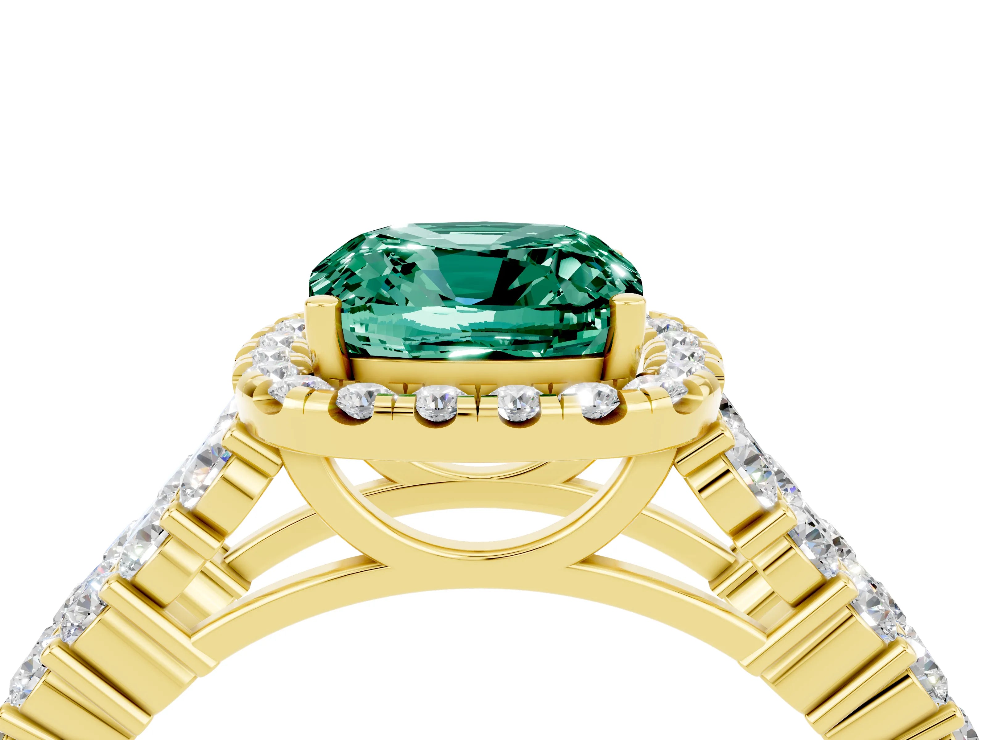 Yellow gold Cushion Cut Halo Pavé Diamond Engagement Ring with Split Shank and Four-Prong Setting_4