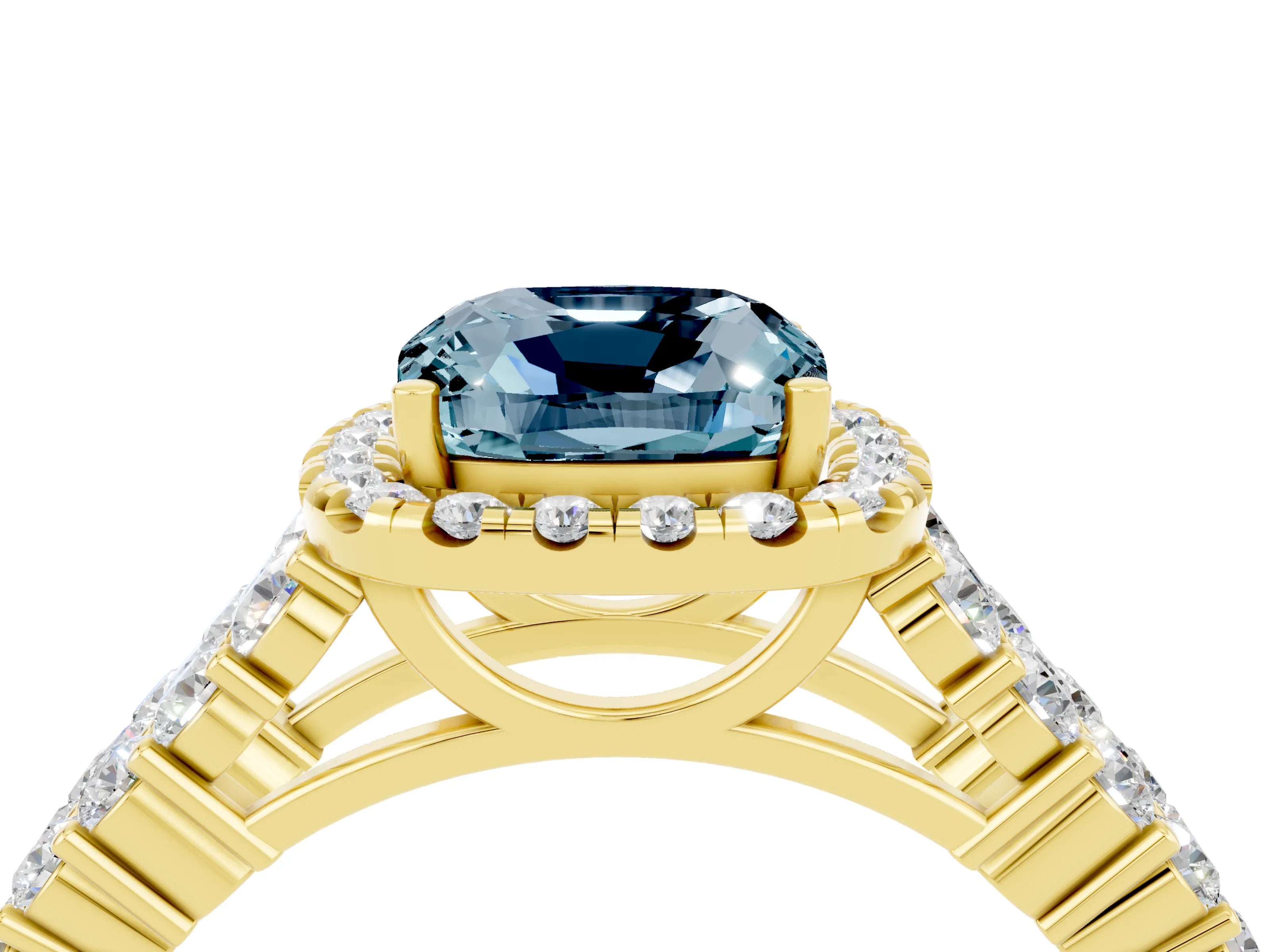Yellow gold Cushion Cut Halo Pavé Diamond Engagement Ring with Split Shank and Four-Prong Setting_4