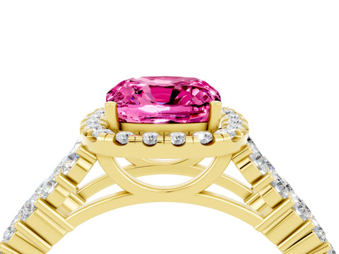 Yellow gold Cushion Cut Halo Pavé Diamond Engagement Ring with Split Shank and Four-Prong Setting_4