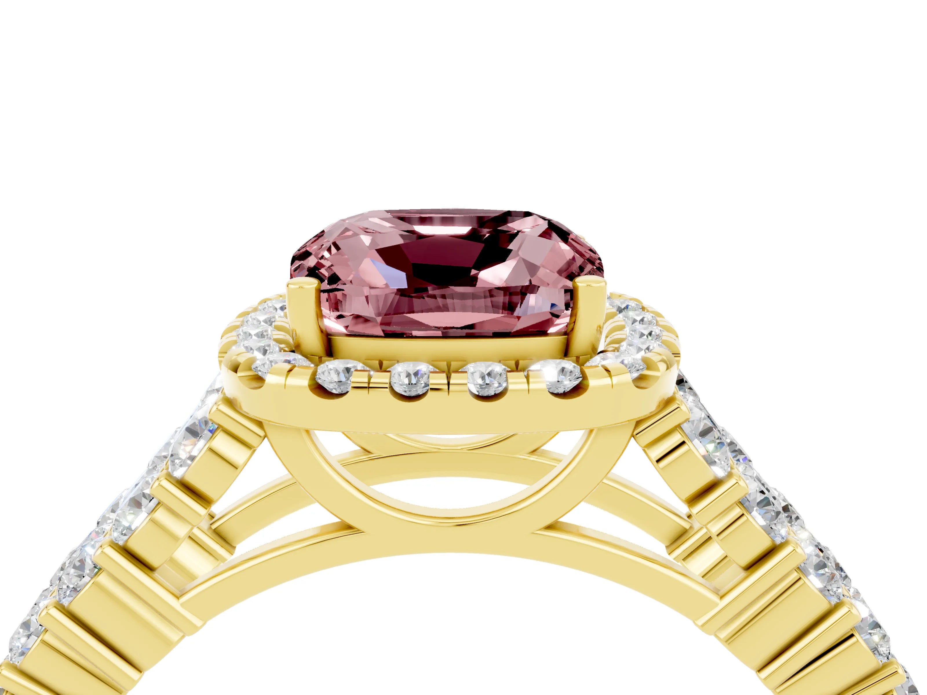 Yellow gold Cushion Cut Halo Pavé Diamond Engagement Ring with Split Shank and Four-Prong Setting_4