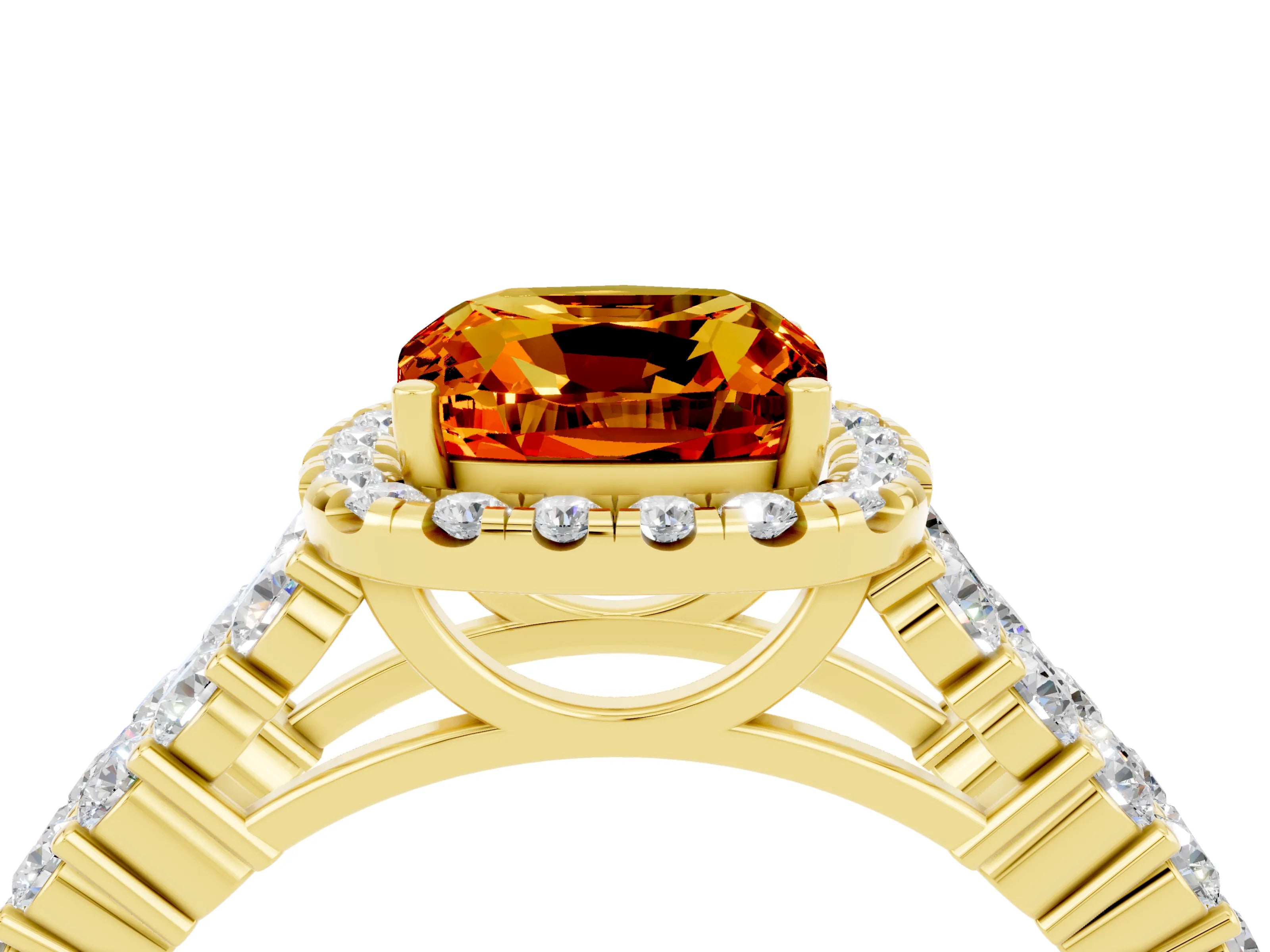 Yellow gold Cushion Cut Halo Pavé Diamond Engagement Ring with Split Shank and Four-Prong Setting_4