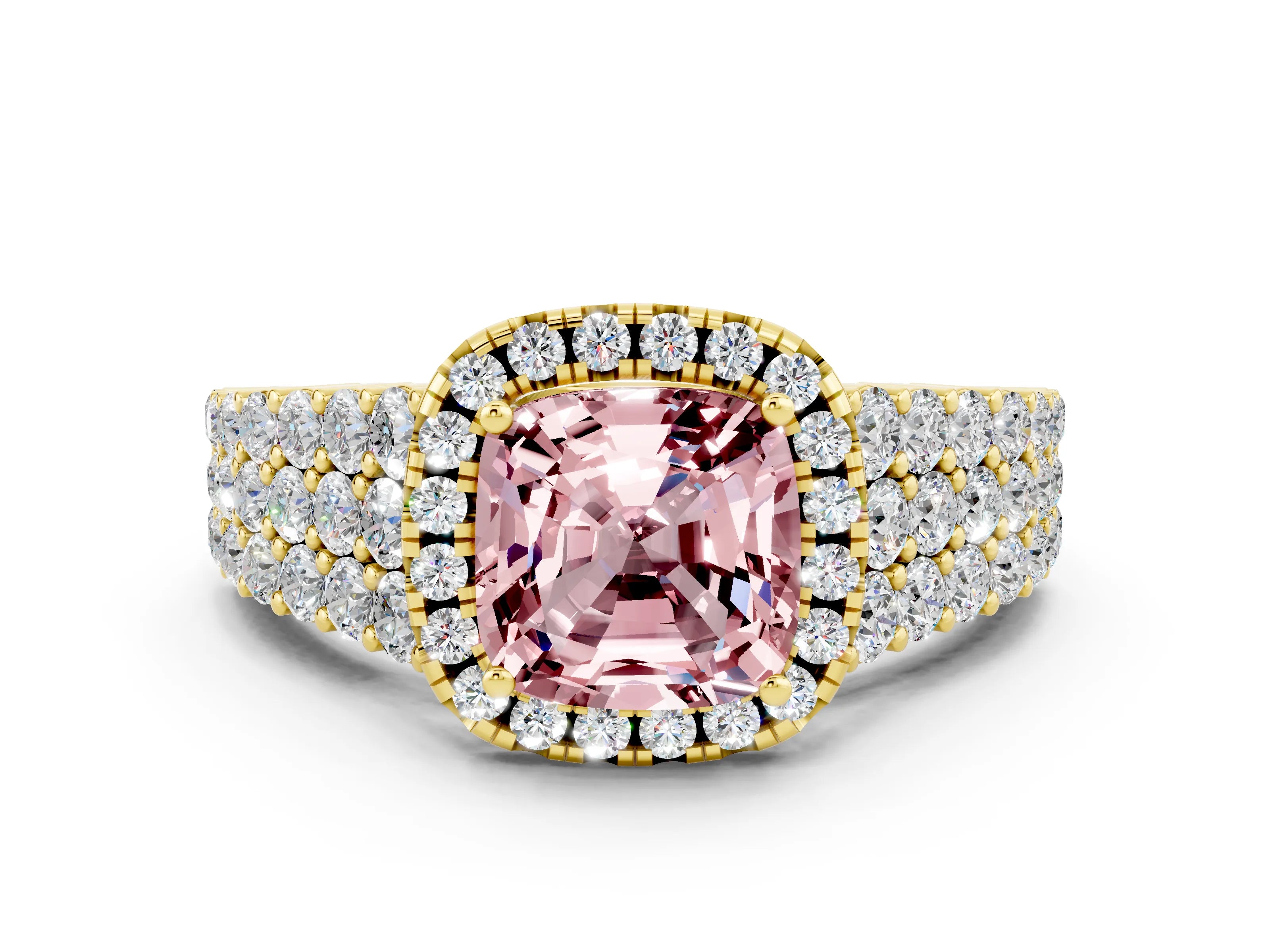 Yellow gold Cushion Cut Halo Pavé Diamond Engagement Ring with Split Shank and Four-Prong Setting