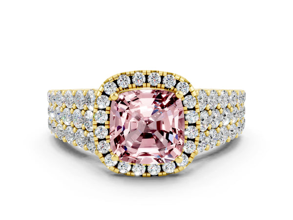 Yellow gold Cushion Cut Halo Pavé Diamond Engagement Ring with Split Shank and Four-Prong Setting