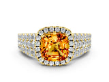 Yellow gold Cushion Cut Halo Pavé Diamond Engagement Ring with Split Shank and Four-Prong Setting