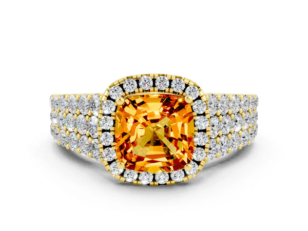 Yellow gold Cushion Cut Citrine Halo Engagement Ring with Triple Row Round Pavé Band and Prong Setting