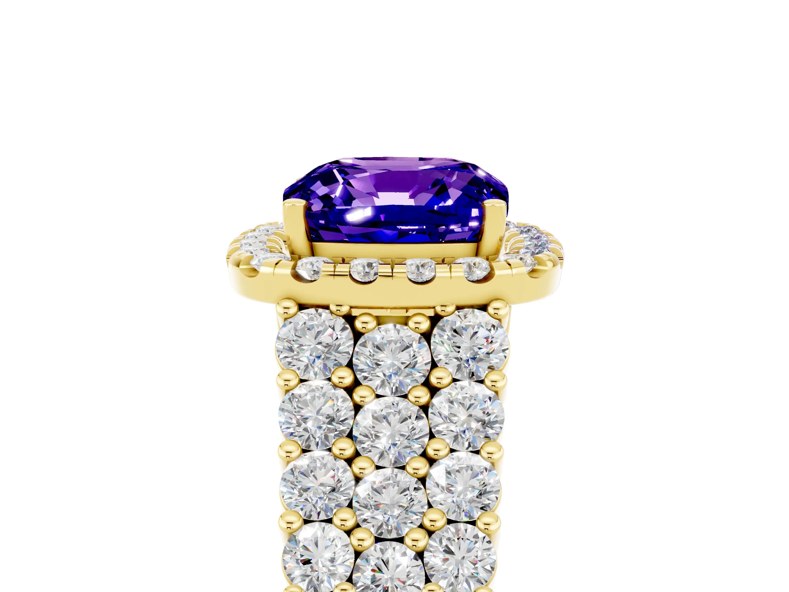 Yellow gold Cushion Cut Halo Pavé Diamond Engagement Ring with Split Shank and Four-Prong Setting_5