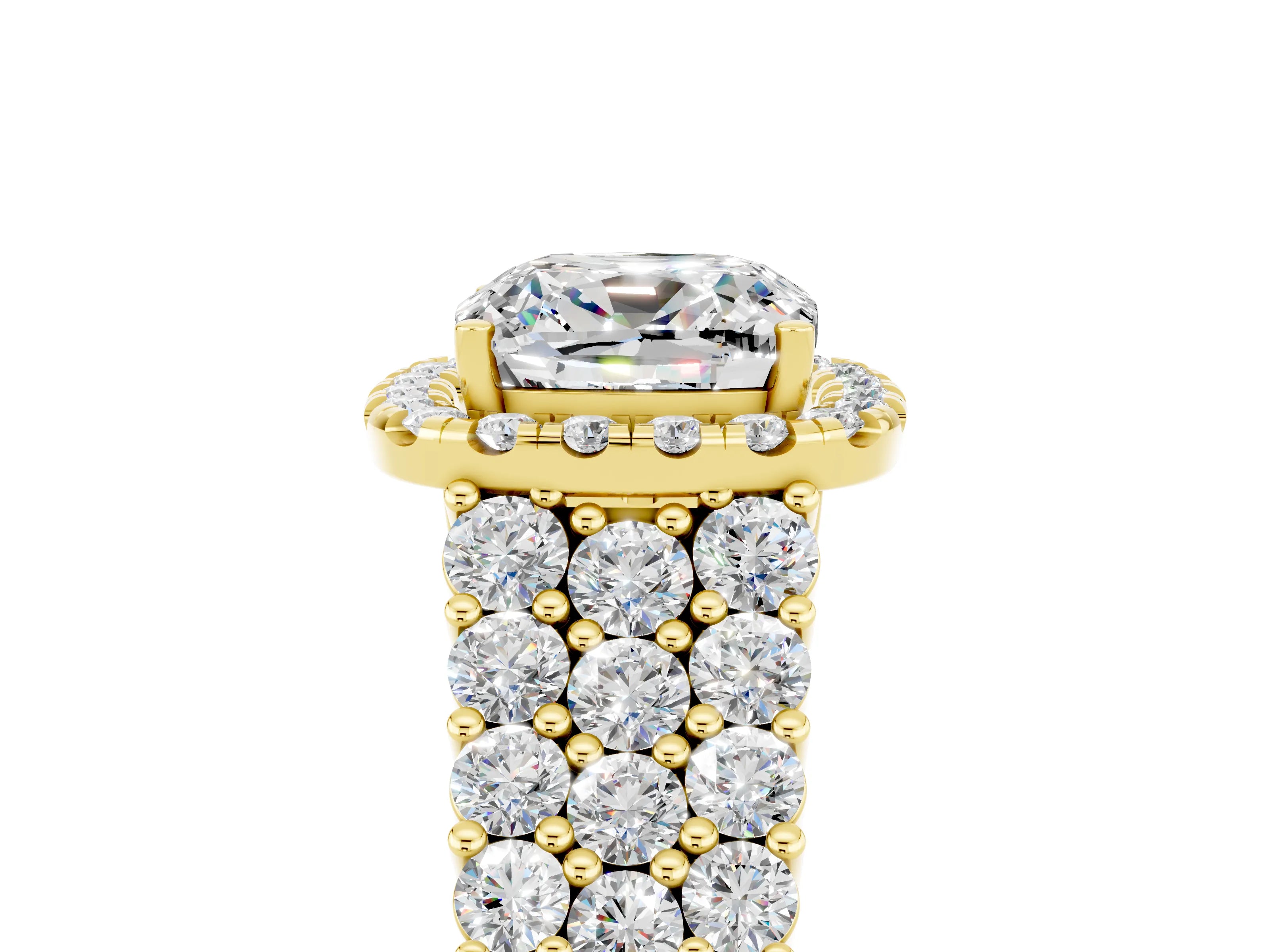 Yellow gold Cushion Cut Halo Pavé Diamond Engagement Ring with Split Shank and Four-Prong Setting_5