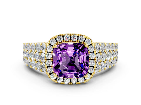 Yellow gold Cushion Cut Halo Pavé Diamond Engagement Ring with Split Shank and Four-Prong Setting