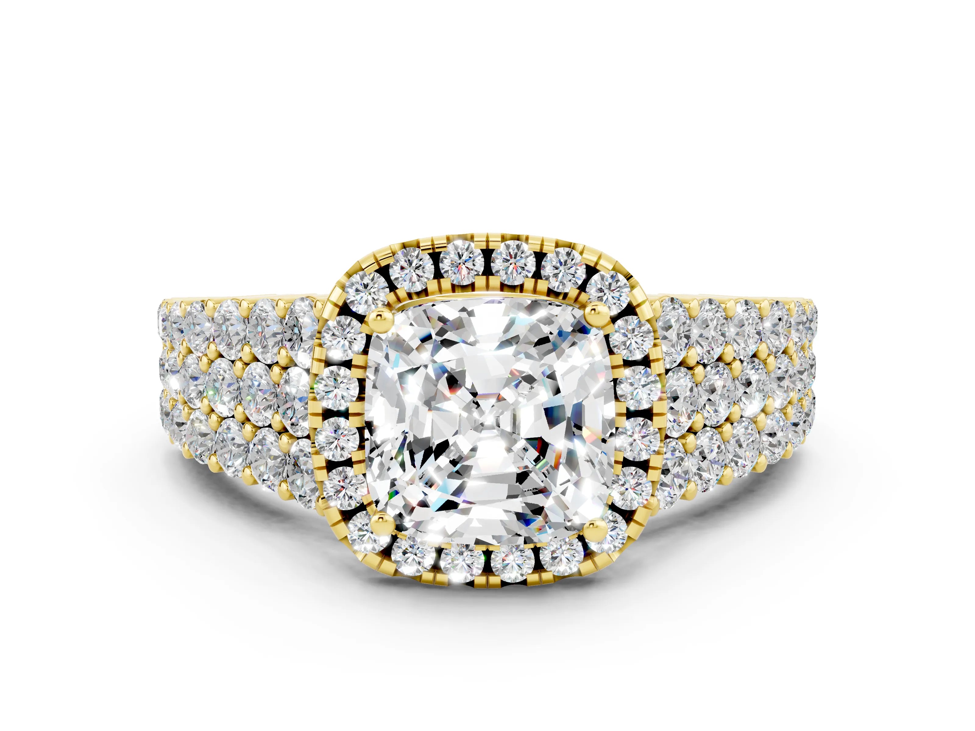 Yellow gold Cushion Cut Halo Pavé Diamond Engagement Ring with Split Shank and Four-Prong Setting