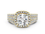 Yellow gold Cushion Cut Halo Pavé Diamond Engagement Ring with Split Shank and Four-Prong Setting