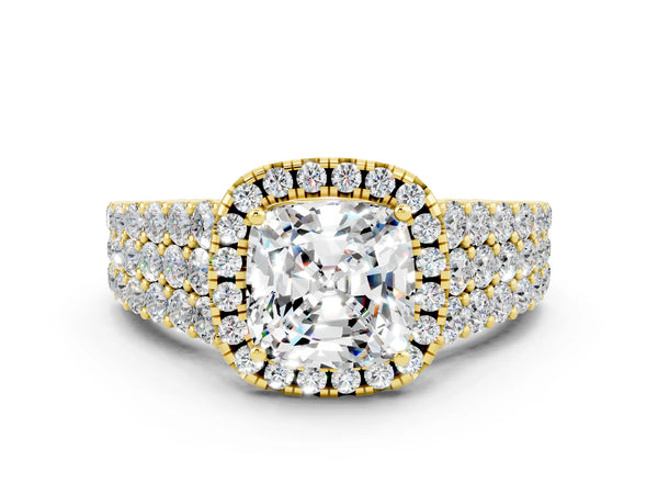Yellow gold Cushion Cut Moissanite Halo Engagement Ring with Triple Row Round Pavé Band and Prong Setting