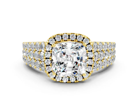 Yellow gold Cushion Cut Halo Pavé Diamond Engagement Ring with Split Shank and Four-Prong Setting