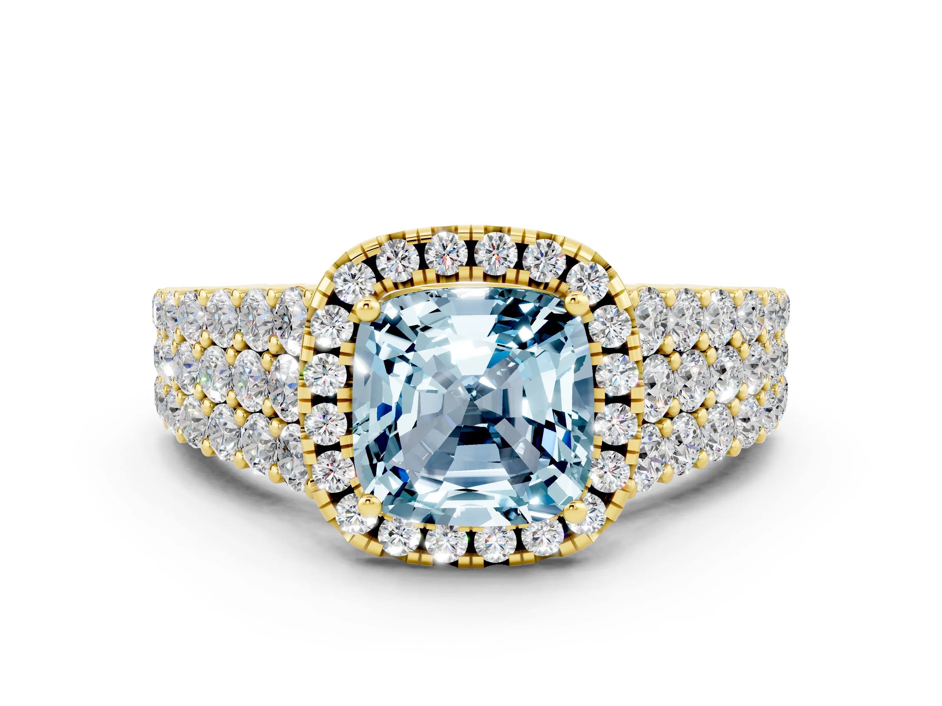Yellow gold Cushion Cut Halo Pavé Diamond Engagement Ring with Split Shank and Four-Prong Setting