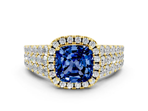 Yellow gold Cushion Cut Halo Pavé Diamond Engagement Ring with Split Shank and Four-Prong Setting