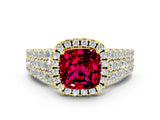 Yellow gold Cushion Cut Halo Pavé Diamond Engagement Ring with Split Shank and Four-Prong Setting