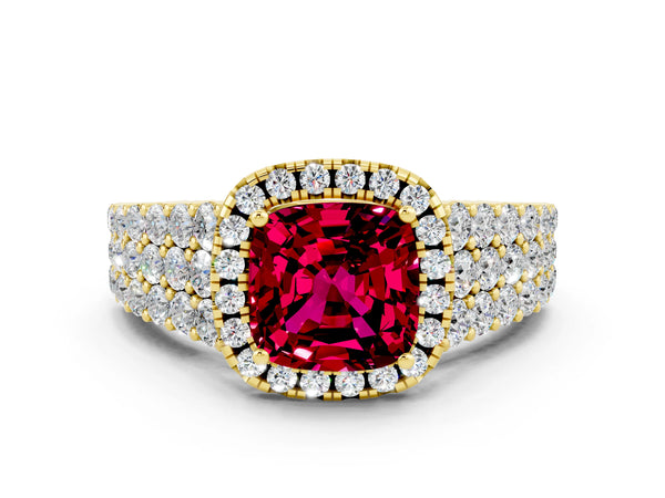 Yellow gold Cushion Cut Garnet Halo Engagement Ring with Triple Row Round Pavé Band and Prong Setting