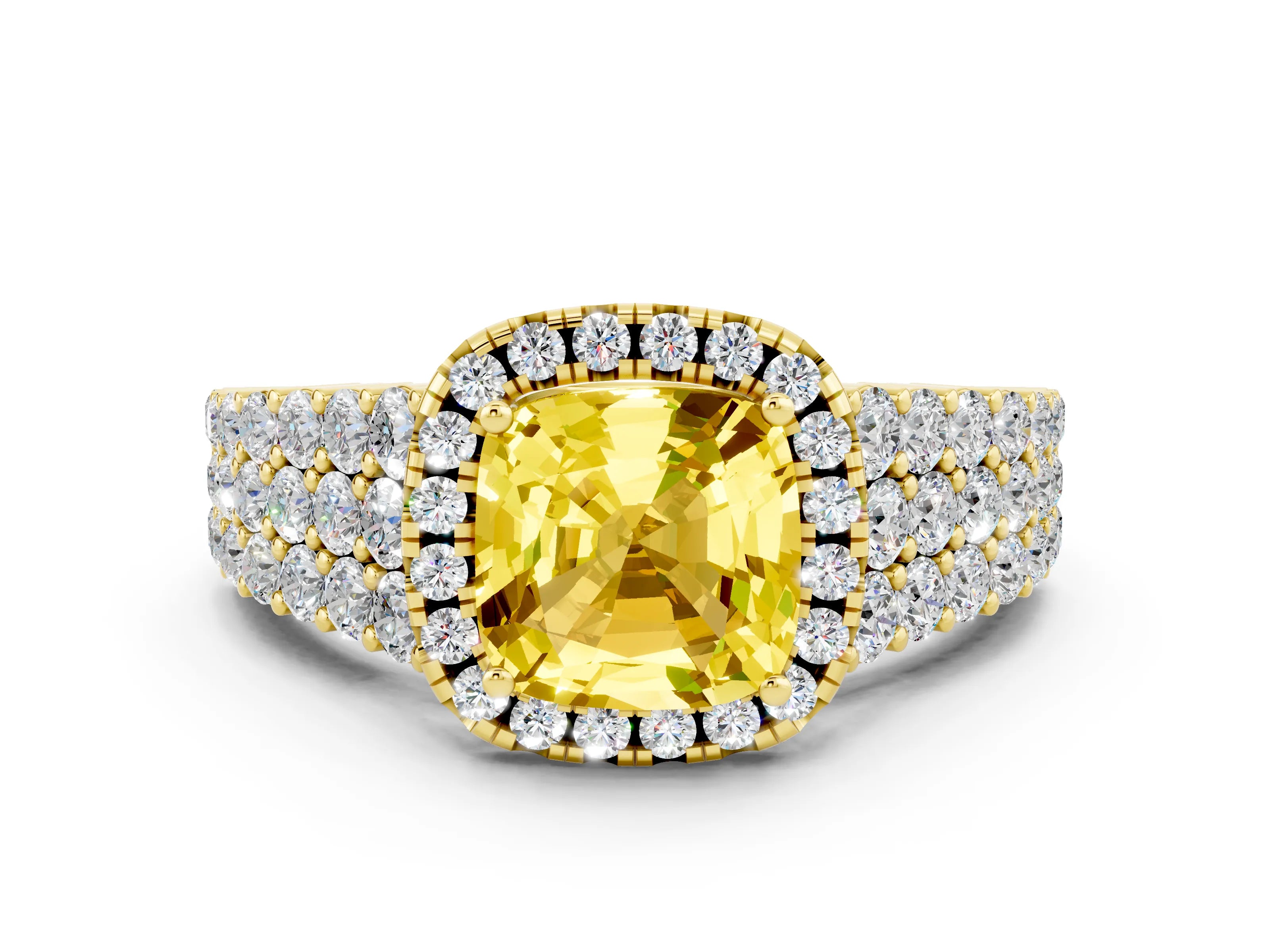 Yellow gold Cushion Cut Halo Pavé Diamond Engagement Ring with Split Shank and Four-Prong Setting