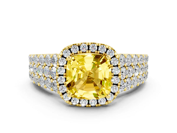 Yellow gold Cushion Cut Yellow Sapphire Halo Engagement Ring with Triple Row Round Pavé Band and Prong Setting