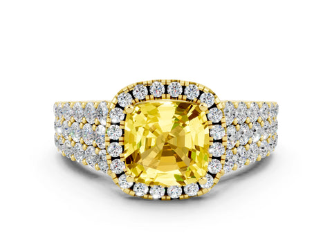 Yellow gold Cushion Cut Halo Pavé Diamond Engagement Ring with Split Shank and Four-Prong Setting
