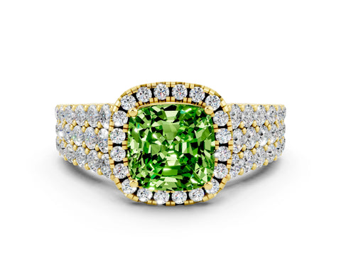 Yellow gold Cushion Cut Halo Pavé Diamond Engagement Ring with Split Shank and Four-Prong Setting