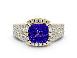 Yellow gold Cushion Cut Halo Pavé Diamond Engagement Ring with Split Shank and Four-Prong Setting