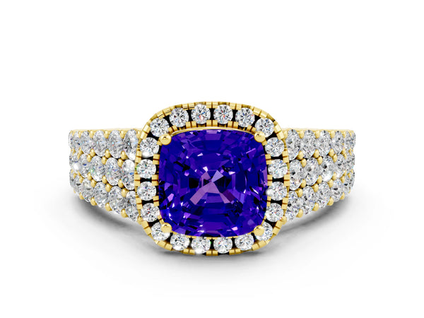 Yellow gold Cushion Cut Tanzanite Halo Engagement Ring with Triple Row Round Pavé Band and Prong Setting
