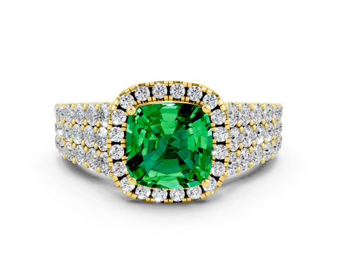 Yellow gold Cushion Cut Halo Pavé Diamond Engagement Ring with Split Shank and Four-Prong Setting