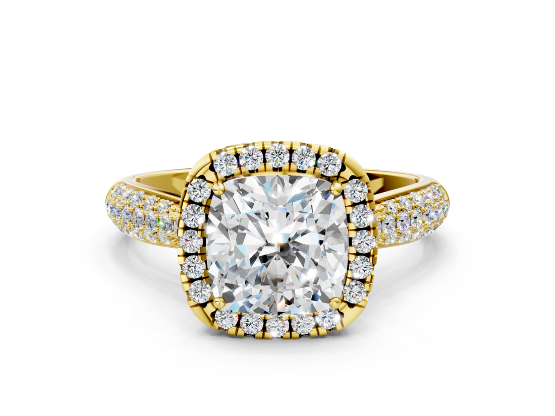 Yellow gold Cushion Cut Halo Pave Band Four-Prong Setting Ring_37