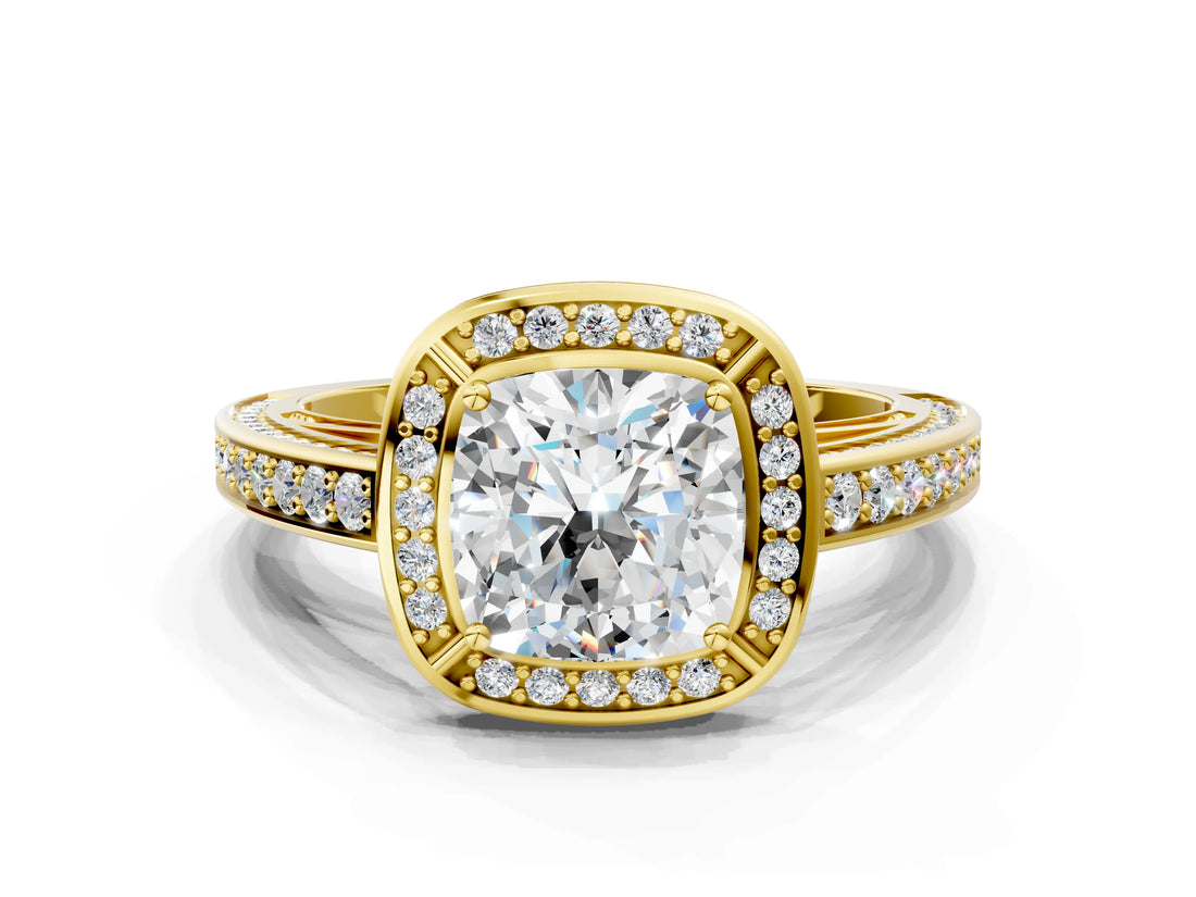 Yellow gold Cushion Cut Halo Pave Split Shank Prong Setting Ring_33
