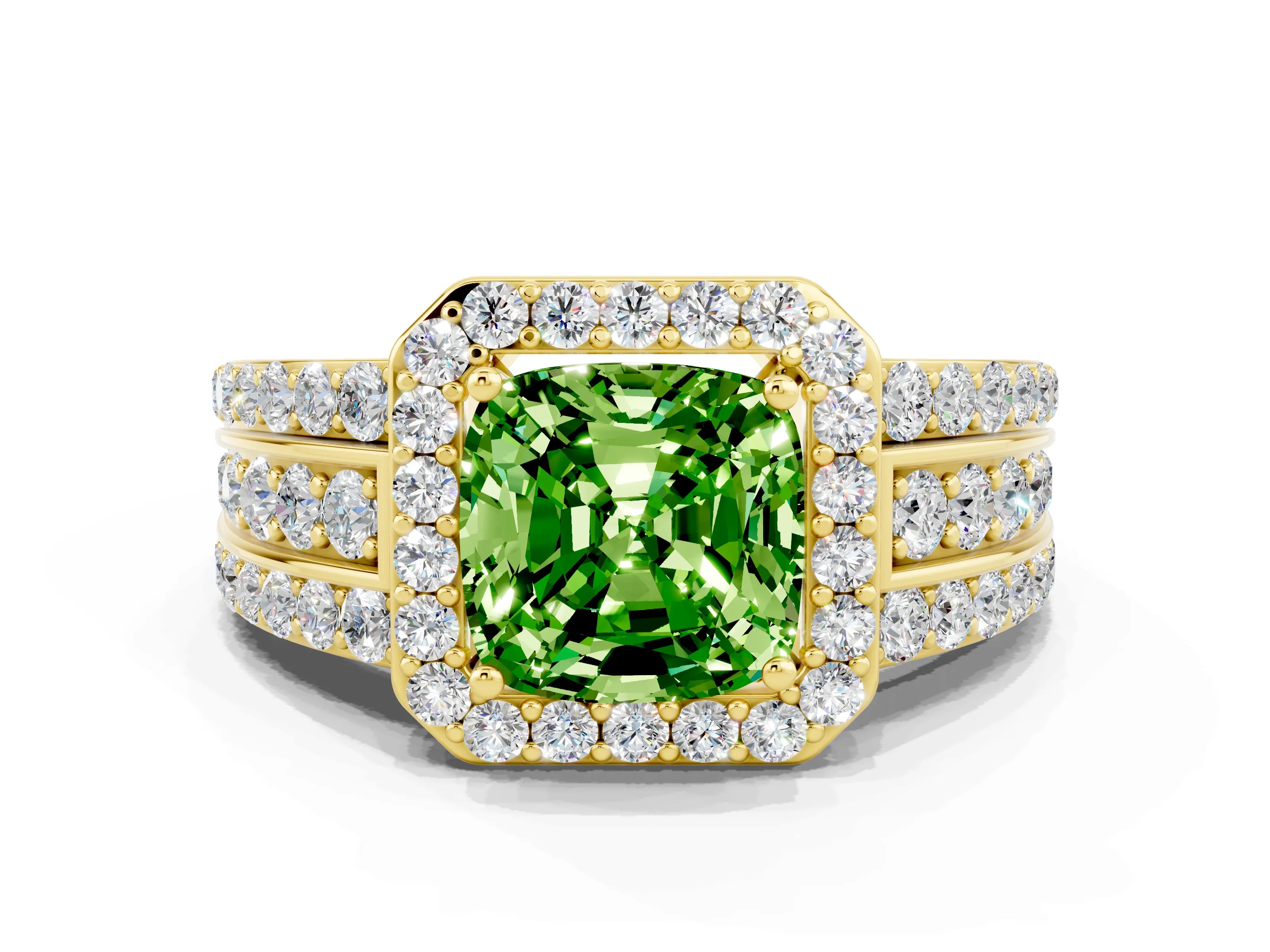 Yellow gold Cushion Cut Halo Peridot Ring with Split Shank and Four-Prong Setting