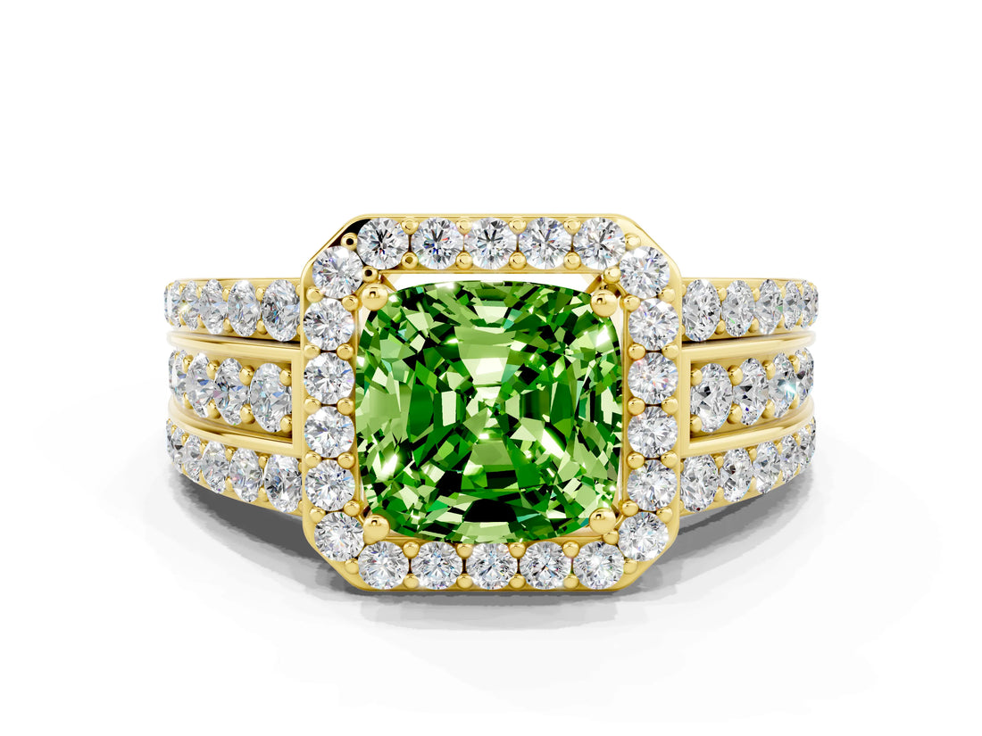 Yellow gold Cushion Cut Halo Peridot Ring with Split Shank and Four-Prong Setting