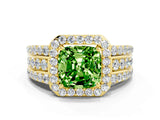 Yellow gold Cushion Cut Halo Peridot Ring with Split Shank and Four-Prong Setting