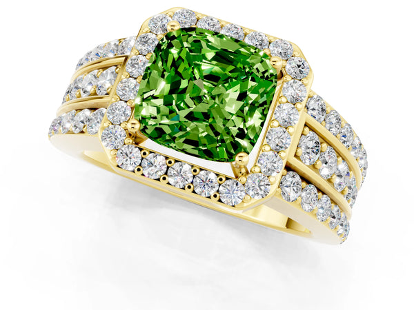 Yellow gold Cushion Cut Halo Peridot Ring with Round  Split Shank and Prong Setting