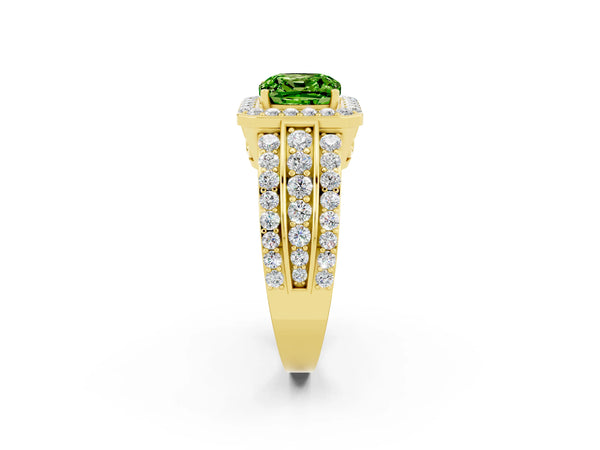 Yellow gold Cushion Cut Halo Peridot Ring with Round  Split Shank and Prong Setting