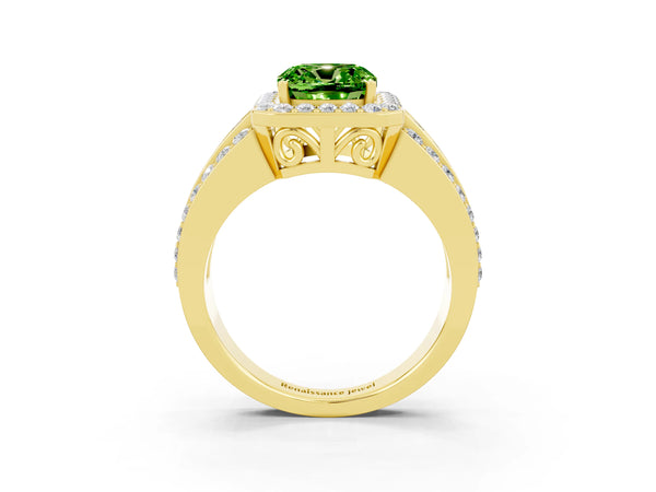 Yellow gold Cushion Cut Halo Peridot Ring with Round  Split Shank and Prong Setting