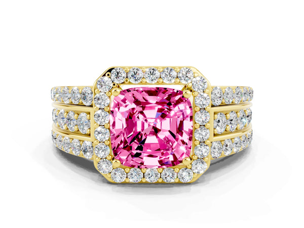 Yellow gold Cushion Cut Halo Pink Sapphire Ring with Round  Split Shank and Prong Setting