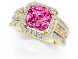 Yellow gold Cushion Cut Halo Pink Sapphire Ring with Split Shank and Four-Prong Setting_25