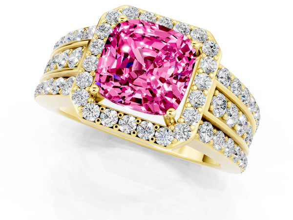 Yellow gold Cushion Cut Halo Pink Sapphire Ring with Round  Split Shank and Prong Setting