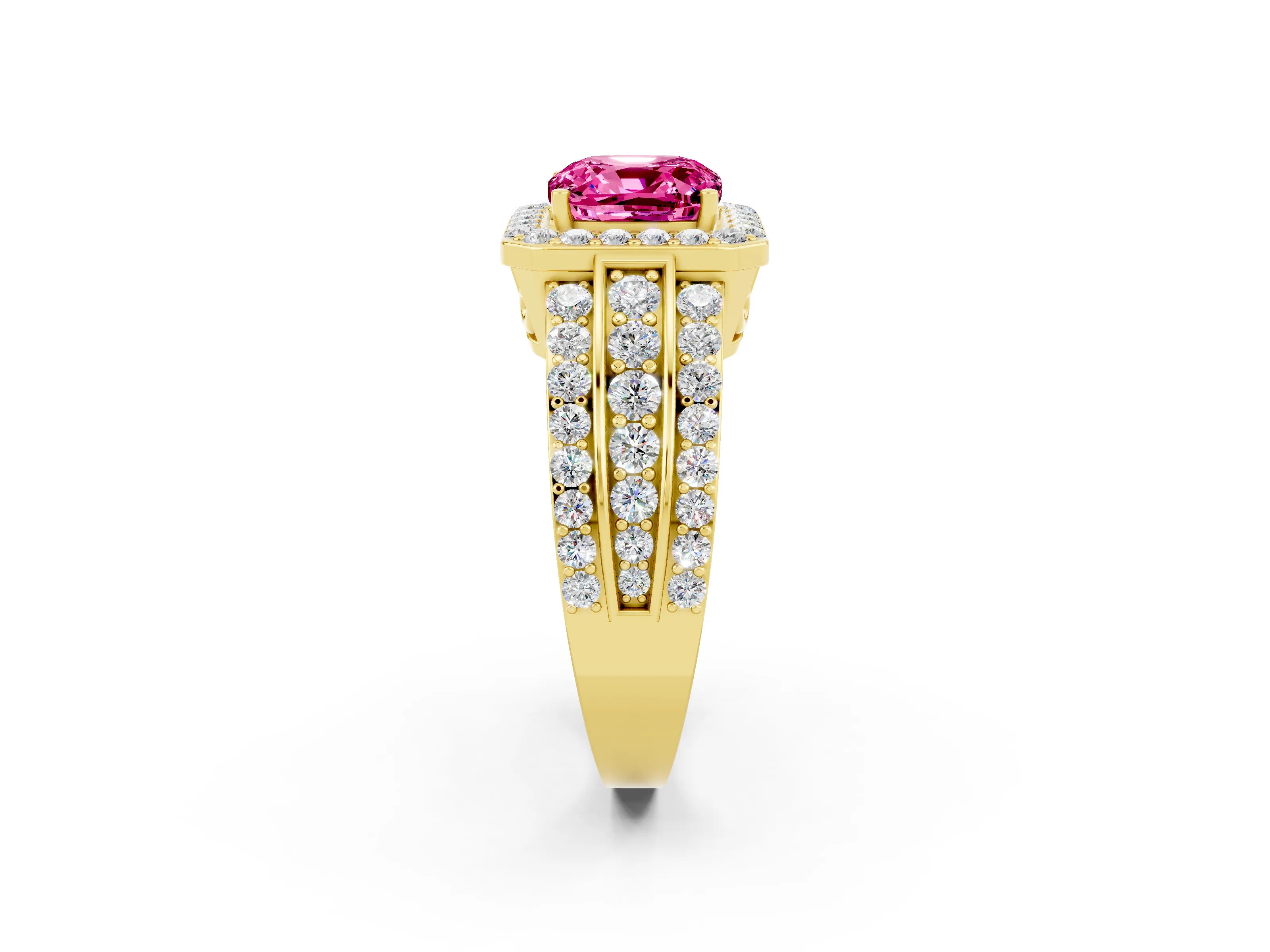 Yellow gold Cushion Cut Halo Pink Sapphire Ring with Split Shank and Four-Prong Setting_26