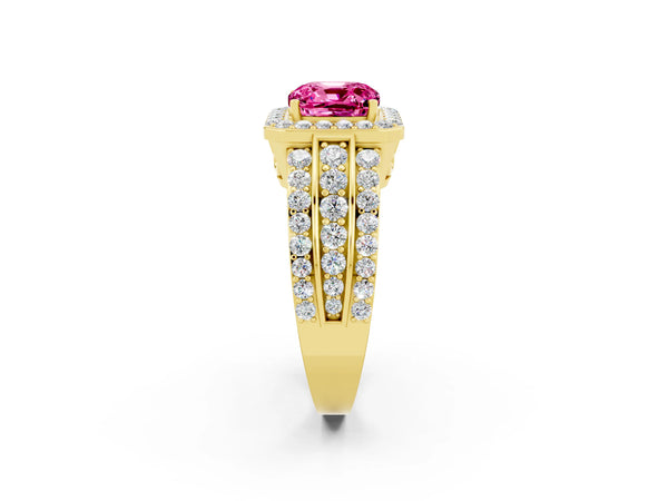 Yellow gold Cushion Cut Halo Pink Sapphire Ring with Round  Split Shank and Prong Setting