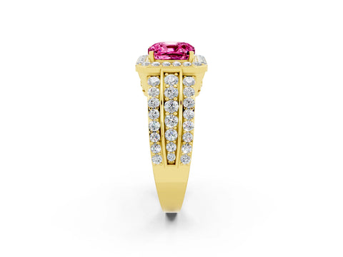 Yellow gold Cushion Cut Halo Pink Sapphire Ring with Split Shank and Four-Prong Setting_26