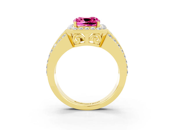 Yellow gold Cushion Cut Halo Pink Sapphire Ring with Round  Split Shank and Prong Setting