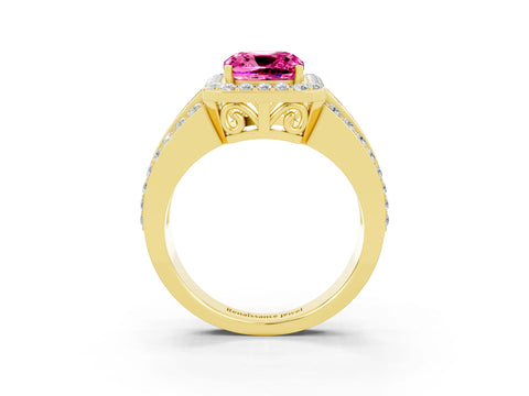 Yellow gold Cushion Cut Halo Pink Sapphire Ring with Split Shank and Four-Prong Setting_27