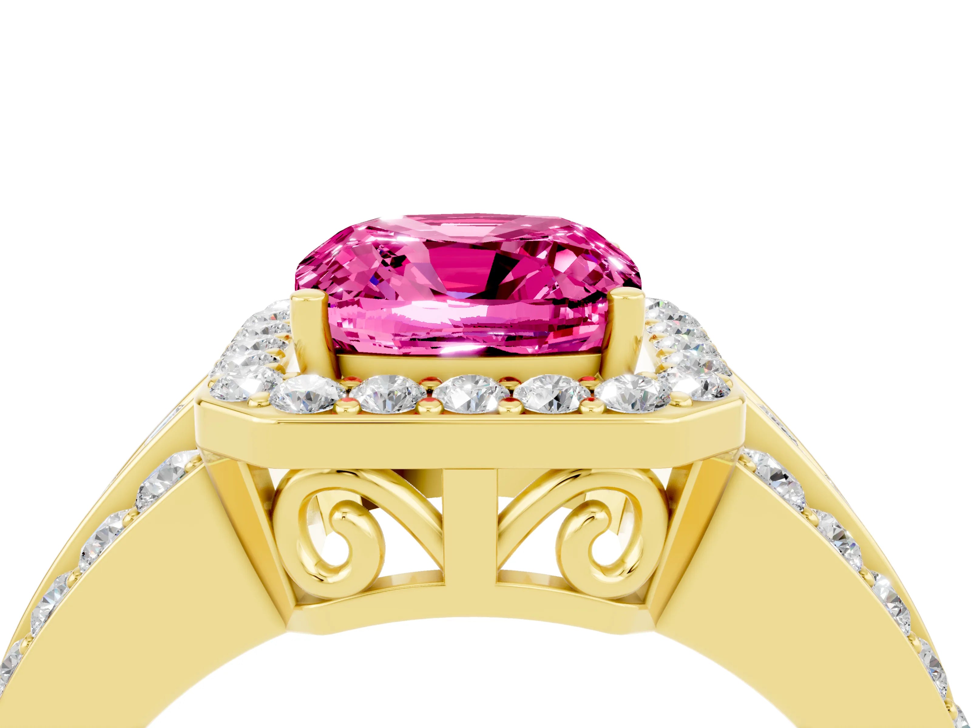 Yellow gold Cushion Cut Halo Pink Sapphire Ring with Split Shank and Four-Prong Setting_28