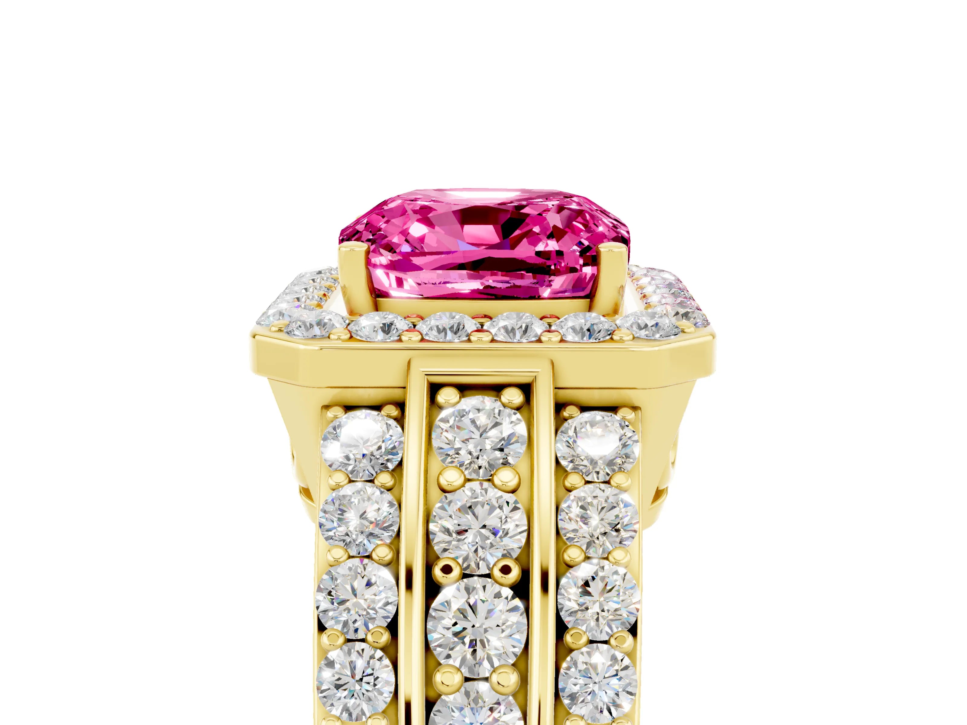 Yellow gold Cushion Cut Halo Pink Sapphire Ring with Split Shank and Four-Prong Setting_29