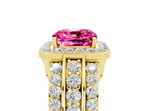 Yellow gold Cushion Cut Halo Pink Sapphire Ring with Split Shank and Four-Prong Setting_29