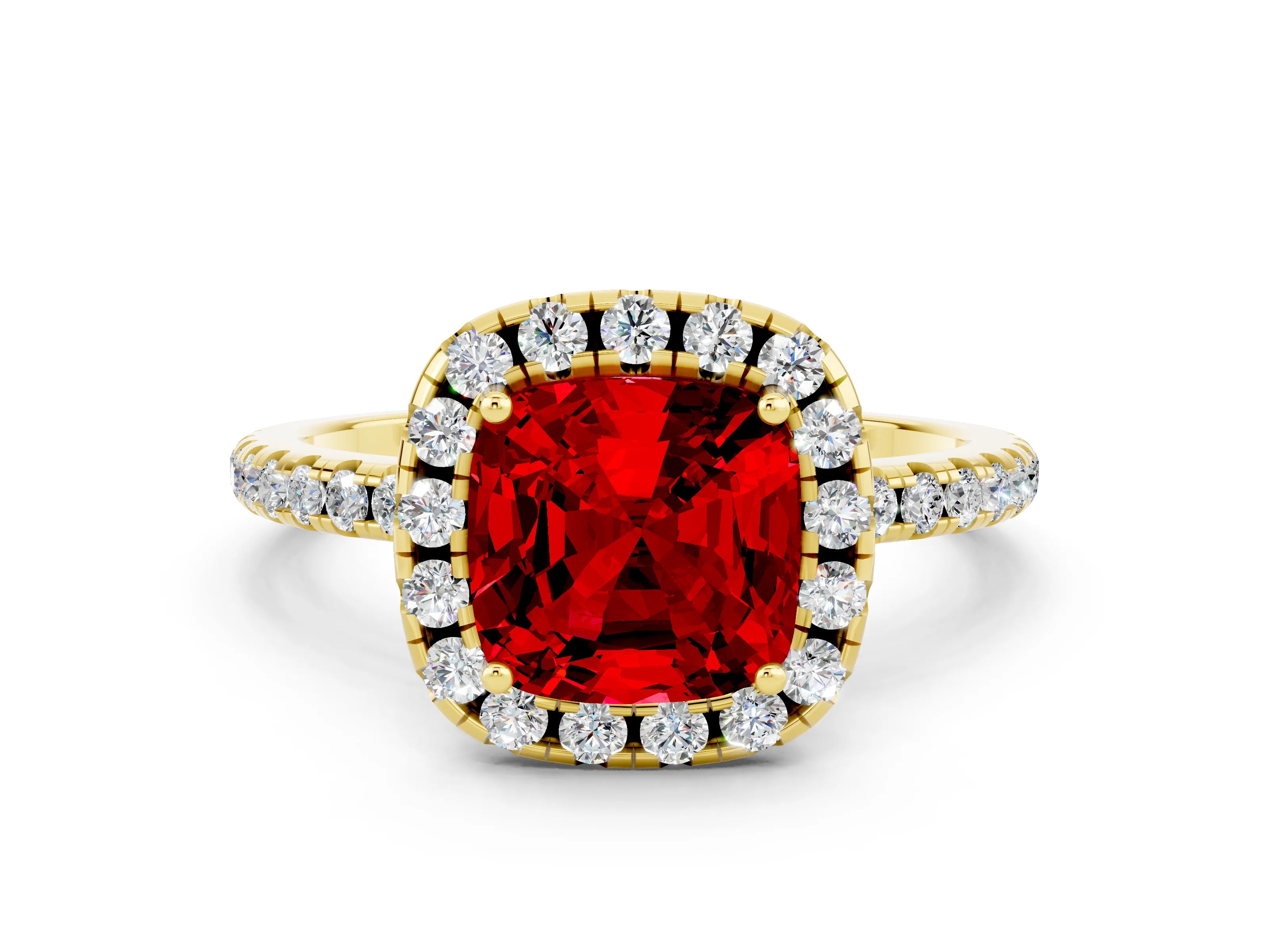 Yellow gold Cushion Cut Halo Round Diamond Pavé Band Four-Prong Ring