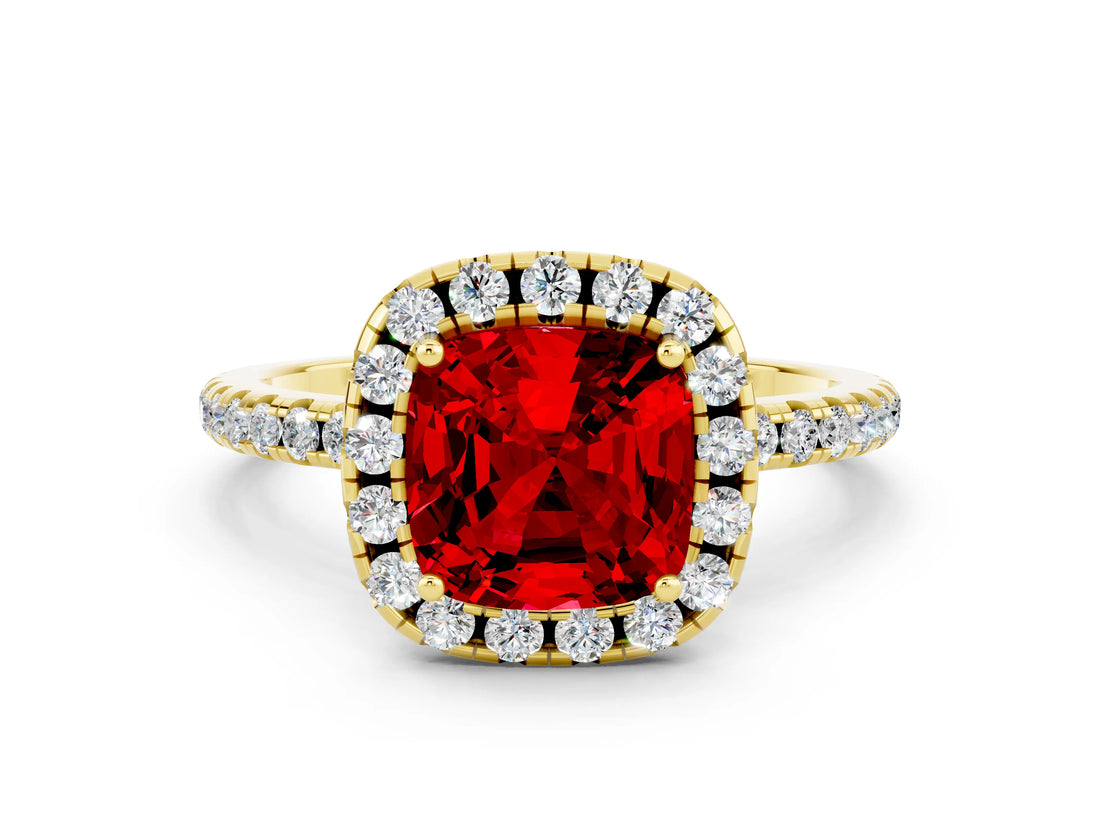 Yellow gold Cushion Cut Halo Round Diamond Pavé Band Four-Prong Ring
