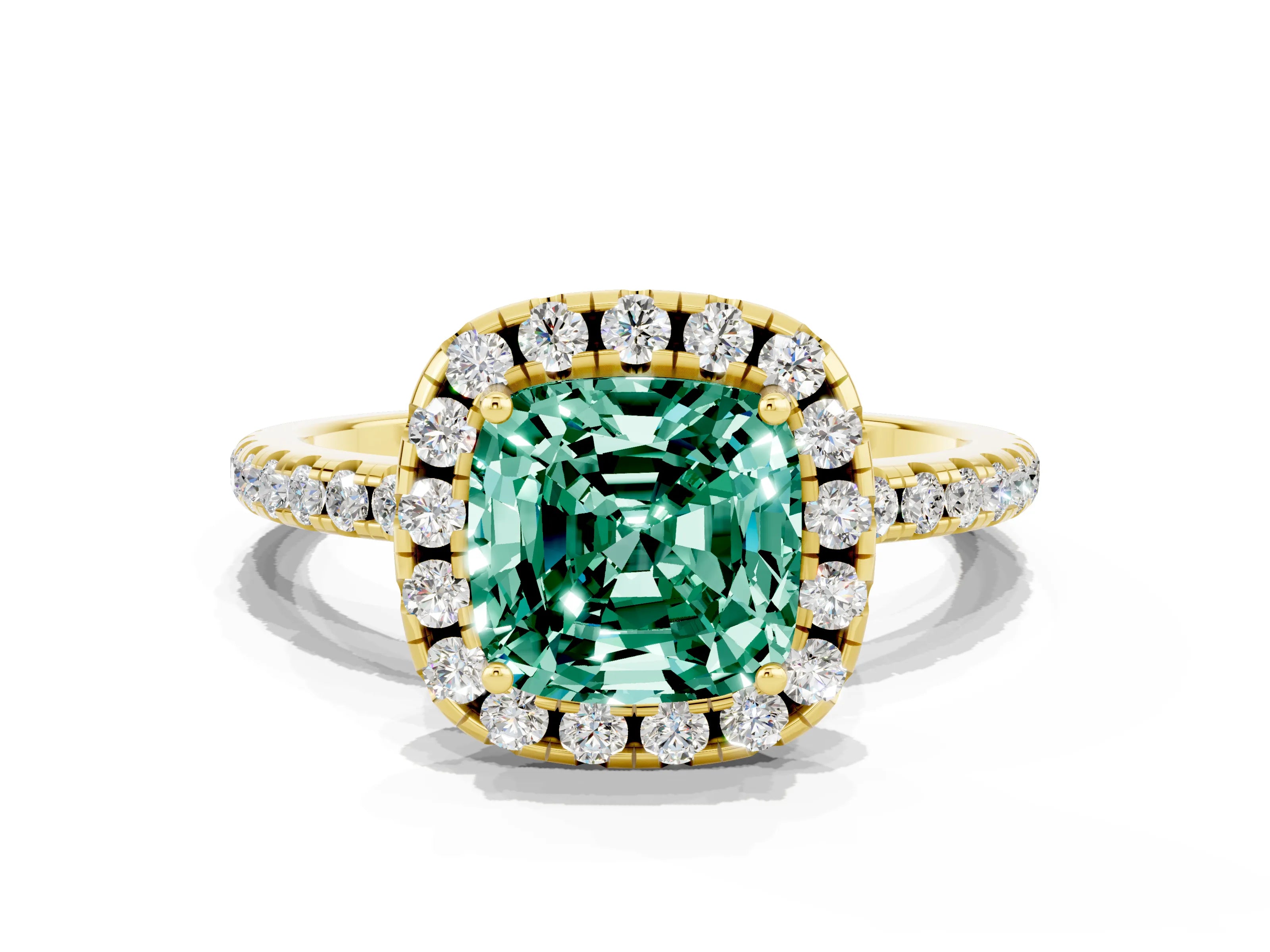 Yellow gold Cushion Cut Halo Round Diamond Pavé Band Four-Prong Ring
