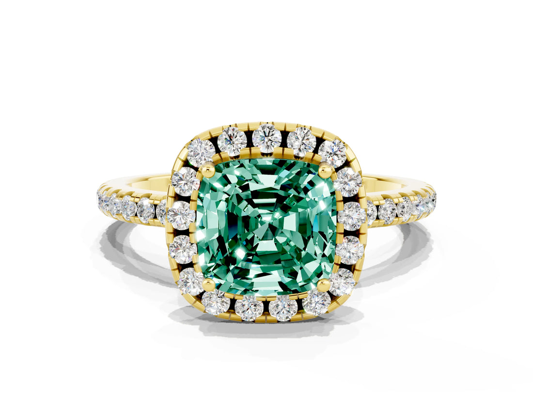 Yellow gold Cushion Cut Halo Round Diamond Pavé Band Four-Prong Ring